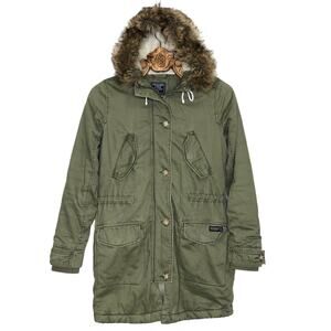Abercrombie & Fitch Jacket Long Coat Olive Sherpa Lined Faux Fur Hood Utility xs
